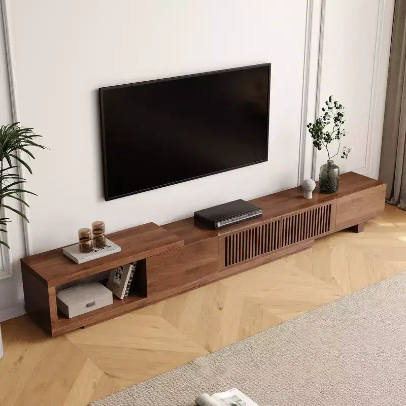 Mobile TV allungabile da 78,54 pollici con 2 cassetti, 2 ante, uno scomparto aperto, massimo 120 pollici, colore noce e moderno