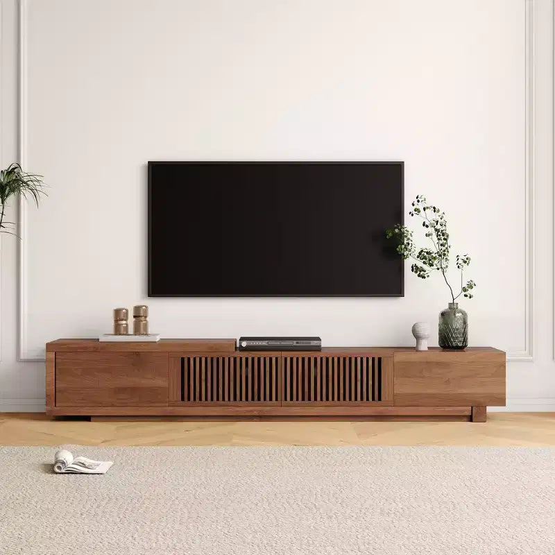 Mobile TV allungabile da 78,54 pollici con 2 cassetti, 2 ante, uno scomparto aperto, massimo 120 pollici, colore noce e moderno