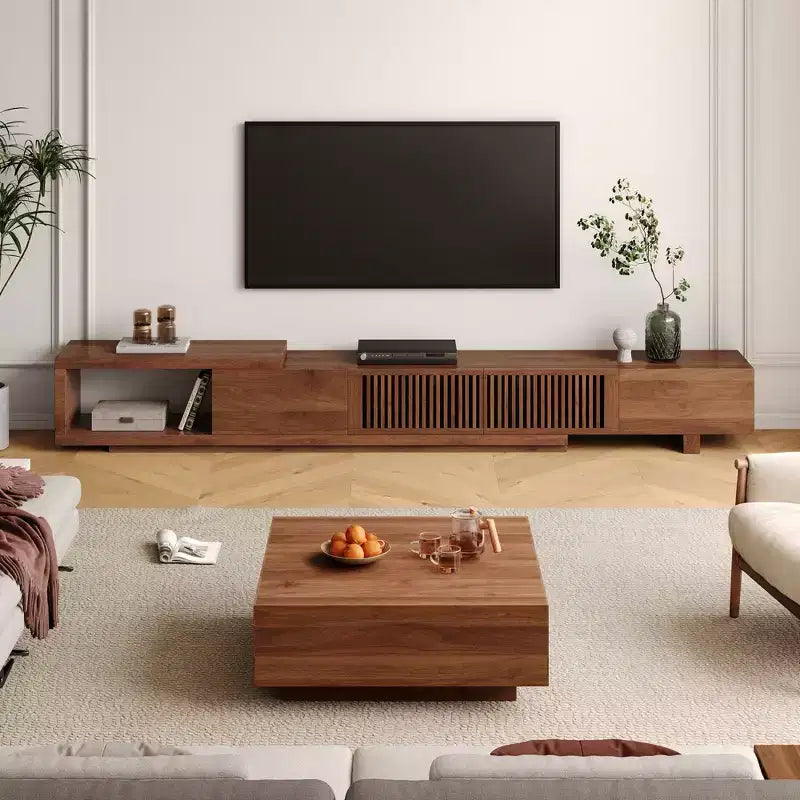 Mobile TV allungabile da 78,54 pollici con 2 cassetti, 2 ante, uno scomparto aperto, massimo 120 pollici, colore noce e moderno