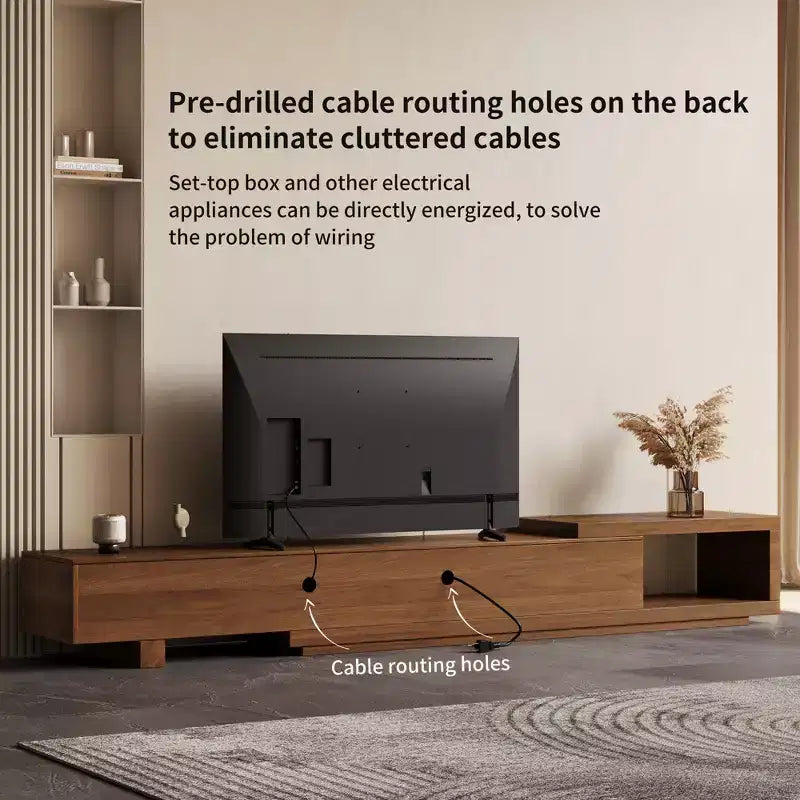 Mobile TV allungabile da 78,54 pollici con 2 cassetti, 2 ante, uno scomparto aperto, massimo 120 pollici, colore noce e moderno