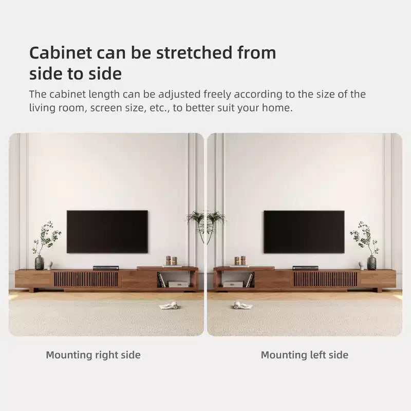 Mobile TV allungabile da 78,54 pollici con 2 cassetti, 2 ante, uno scomparto aperto, massimo 120 pollici, colore noce e moderno