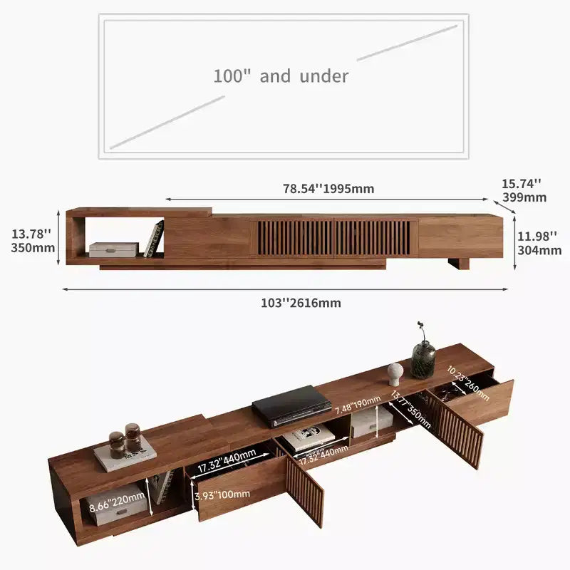 Mobile TV allungabile da 78,54 pollici con 2 cassetti, 2 ante, uno scomparto aperto, massimo 120 pollici, colore noce e moderno