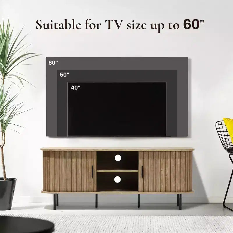 Mobile TV moderno di metà secolo da 55" con anta scorrevole per TV fino a 60", centro multimediale con vani portaoggetti e ripiani, marrone