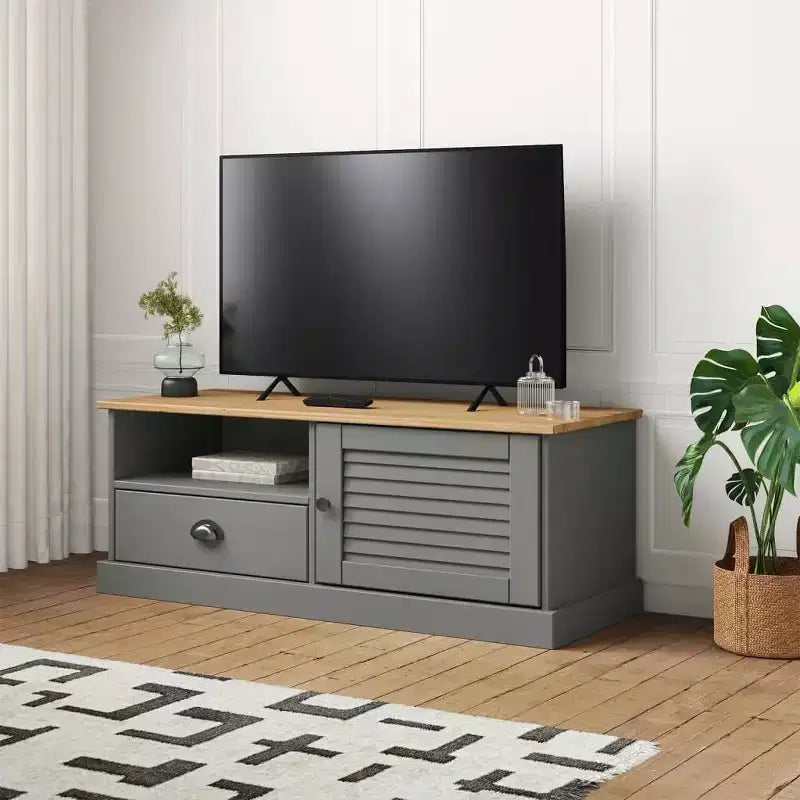 Mobile TV in Legno Massello di Pino - Supporto TV Grigio con Cassetto, Dettagli in Metallo, 106x40x40 cm, Ideale per Soggiorno e Camera da Letto