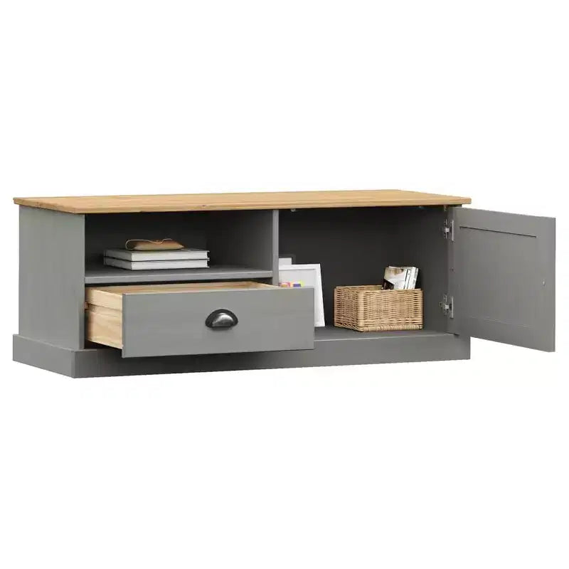 Mobile TV in Legno Massello di Pino - Supporto TV Grigio con Cassetto, Dettagli in Metallo, 106x40x40 cm, Ideale per Soggiorno e Camera da Letto