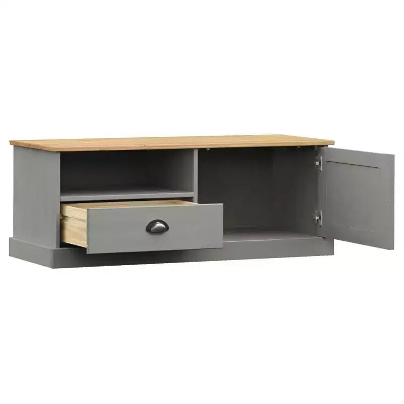Mobile TV in Legno Massello di Pino - Supporto TV Grigio con Cassetto, Dettagli in Metallo, 106x40x40 cm, Ideale per Soggiorno e Camera da Letto