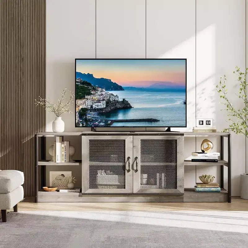 Mobile TV rustico grigio, mobile TV da 63 pollici con armadietto e ante a rete per soggiorno e camera da letto