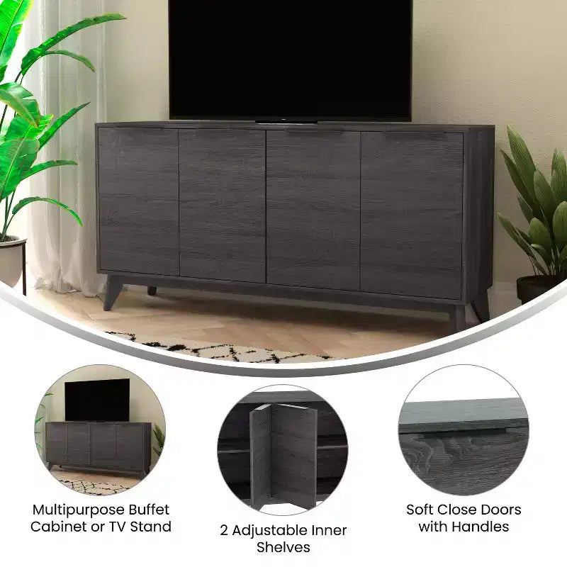 Madia a Quattro Ante, Mobile Porta TV con Ripiani, Design Moderno di Metà Secolo