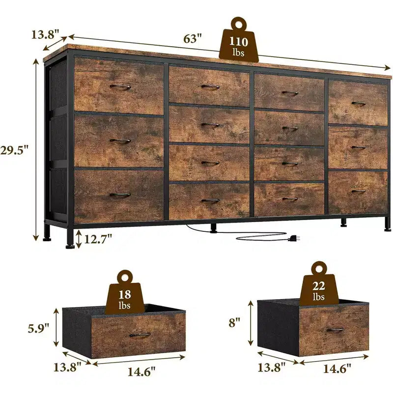 Cassettiera a 14 cassetti Porta TV con Presa di Corrente, Mobile TV in Tessuto da 63 Pollici per TV da 65-75 Pollici, Contenitore per Camera da Letto e Soggiorno