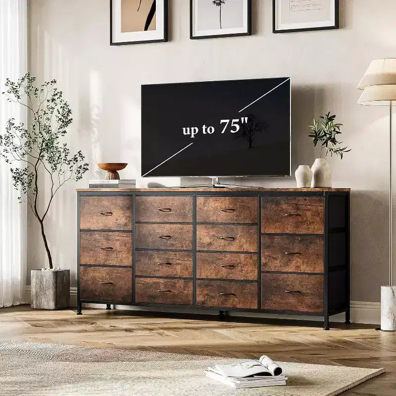 Cassettiera a 14 cassetti Porta TV con Presa di Corrente, Mobile TV in Tessuto da 63 Pollici per TV da 65-75 Pollici, Contenitore per Camera da Letto e Soggiorno