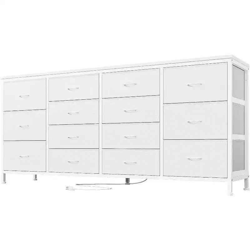 Cassettiera a 14 cassetti Porta TV con Presa di Corrente, Mobile TV in Tessuto da 63 Pollici per TV da 65-75 Pollici, Contenitore per Camera da Letto e Soggiorno