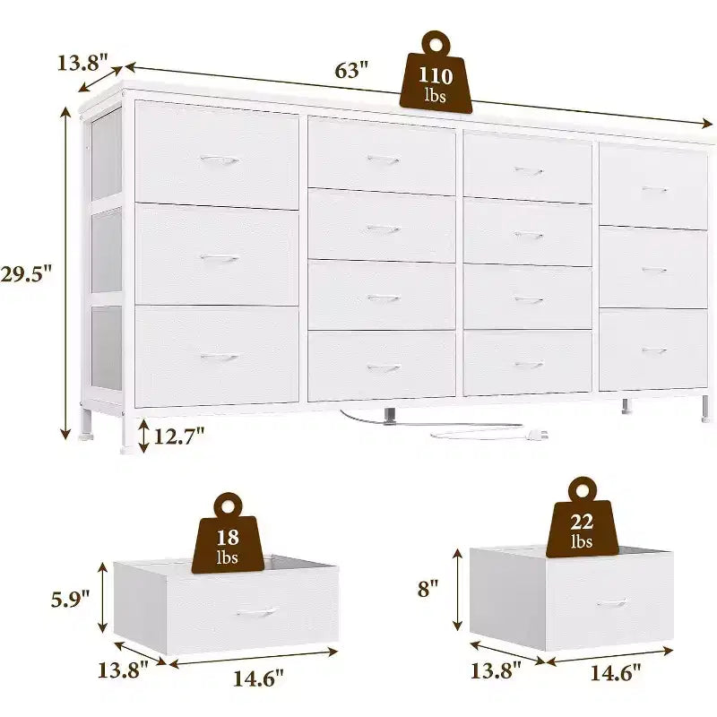 Cassettiera a 14 cassetti Porta TV con Presa di Corrente, Mobile TV in Tessuto da 63 Pollici per TV da 65-75 Pollici, Contenitore per Camera da Letto e Soggiorno