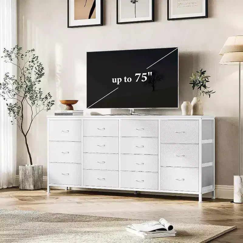 Cassettiera a 14 cassetti Porta TV con Presa di Corrente, Mobile TV in Tessuto da 63 Pollici per TV da 65-75 Pollici, Contenitore per Camera da Letto e Soggiorno