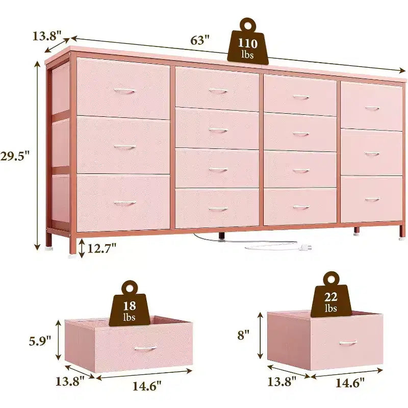Cassettiera a 14 cassetti Porta TV con Presa di Corrente, Mobile TV in Tessuto da 63 Pollici per TV da 65-75 Pollici, Contenitore per Camera da Letto e Soggiorno