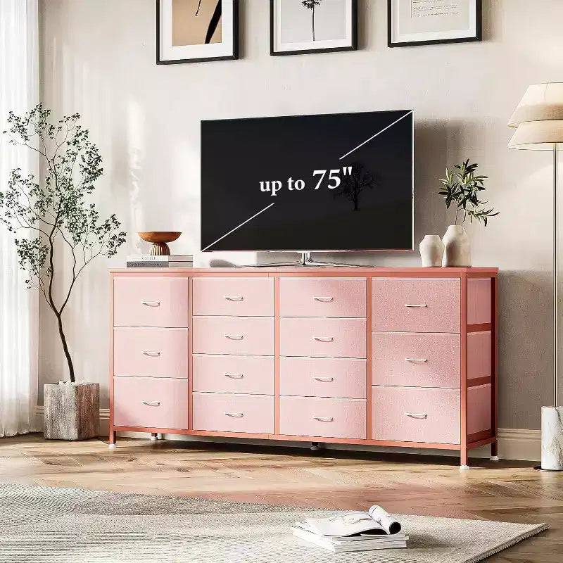 Cassettiera a 14 cassetti Porta TV con Presa di Corrente, Mobile TV in Tessuto da 63 Pollici per TV da 65-75 Pollici, Contenitore per Camera da Letto e Soggiorno