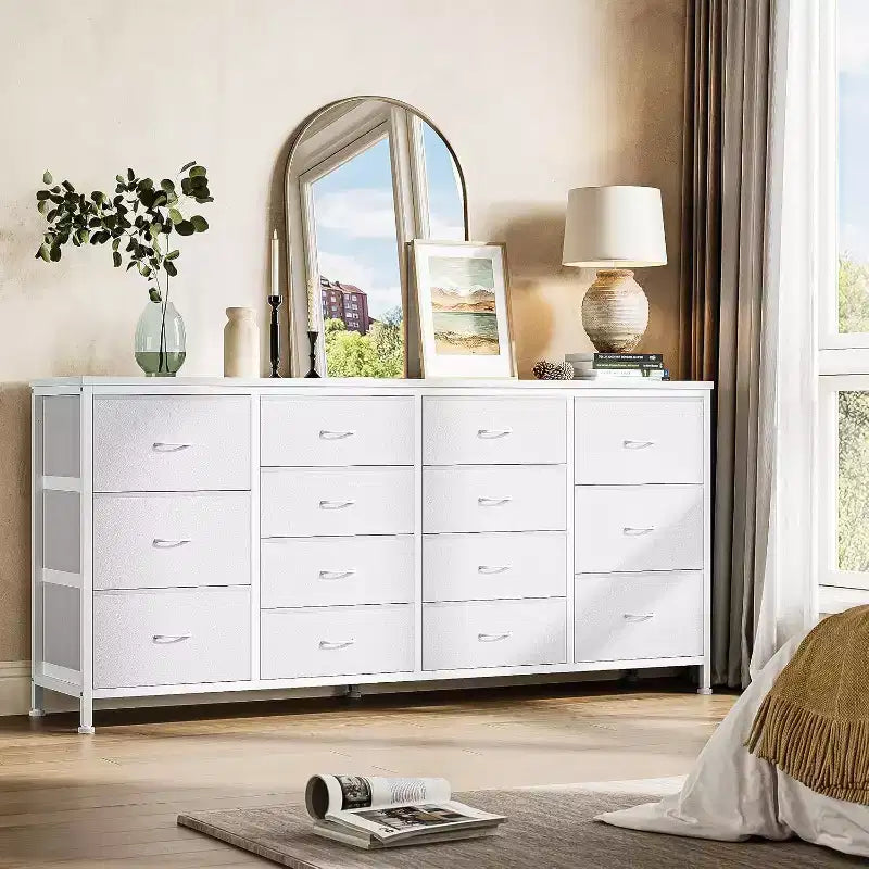 Cassettiera a 14 cassetti Porta TV con Presa di Corrente, Mobile TV in Tessuto da 63 Pollici per TV da 65-75 Pollici, Contenitore per Camera da Letto e Soggiorno