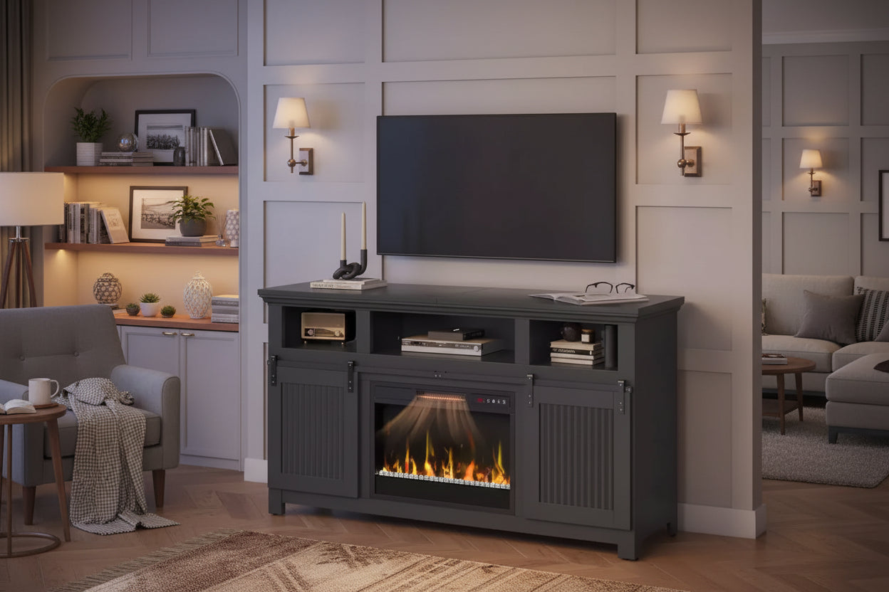 Bestier 61 Fireplace TV Stand for TVs up to 65 Farmhouse Barn Door Entertainment Center with 23 Remote Control Electric Fireplace