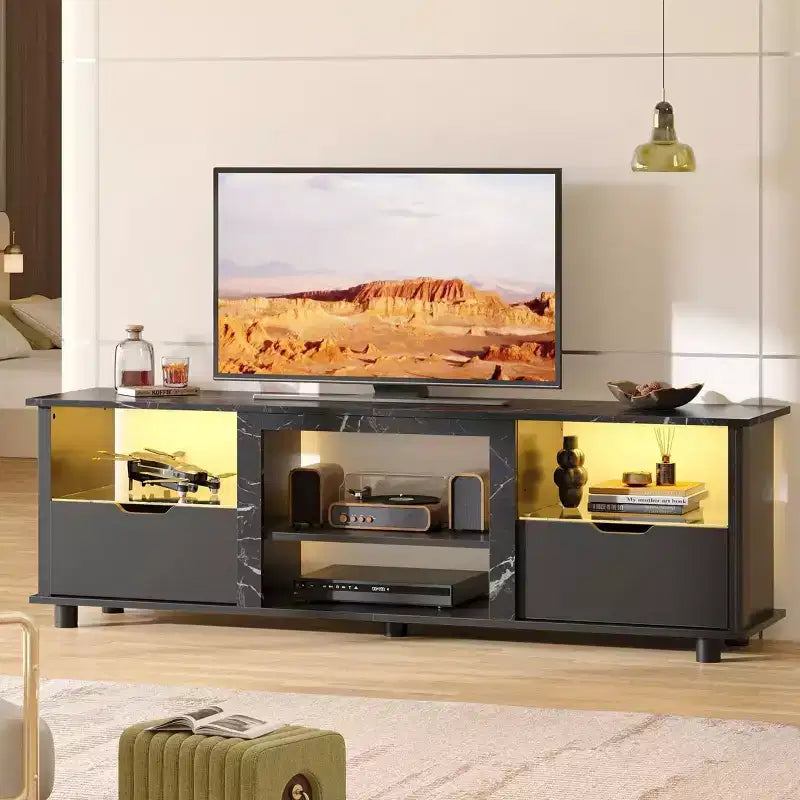 Mobile TV da 70 pollici con luci a LED, centro di intrattenimento per TV fino a 75 pollici, mobile consolle TV con cassetti e ripiani regolabili