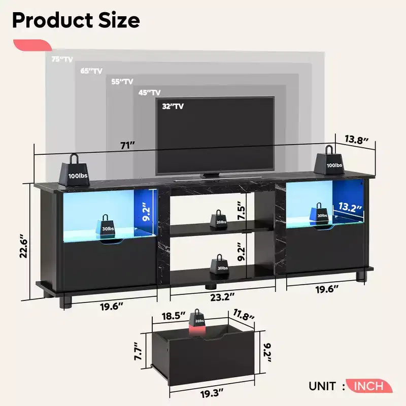 Mobile TV da 70 pollici con luci a LED, centro di intrattenimento per TV fino a 75 pollici, mobile consolle TV con cassetti e ripiani regolabili