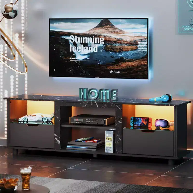 Mobile TV da 70 pollici con luci a LED, centro di intrattenimento per TV fino a 75 pollici, mobile consolle TV con cassetti e ripiani regolabili