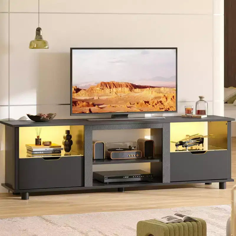 Mobile TV da 70 pollici con luci a LED, centro di intrattenimento per TV fino a 75 pollici, mobile consolle TV con cassetti e ripiani regolabili