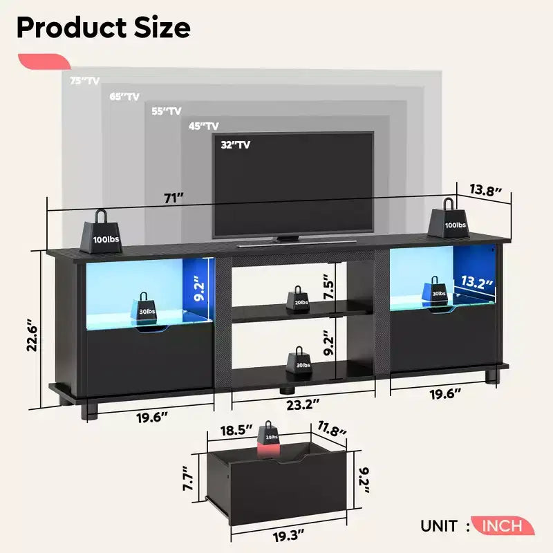 Mobile TV da 70 pollici con luci a LED, centro di intrattenimento per TV fino a 75 pollici, mobile consolle TV con cassetti e ripiani regolabili