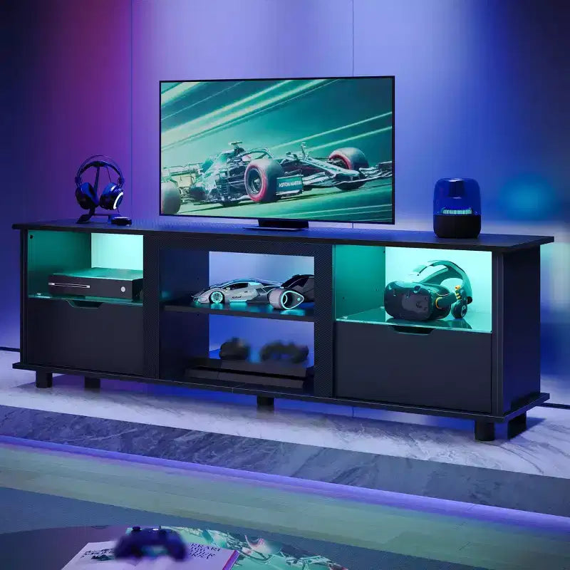 Mobile TV da 70 pollici con luci a LED, centro di intrattenimento per TV fino a 75 pollici, mobile consolle TV con cassetti e ripiani regolabili