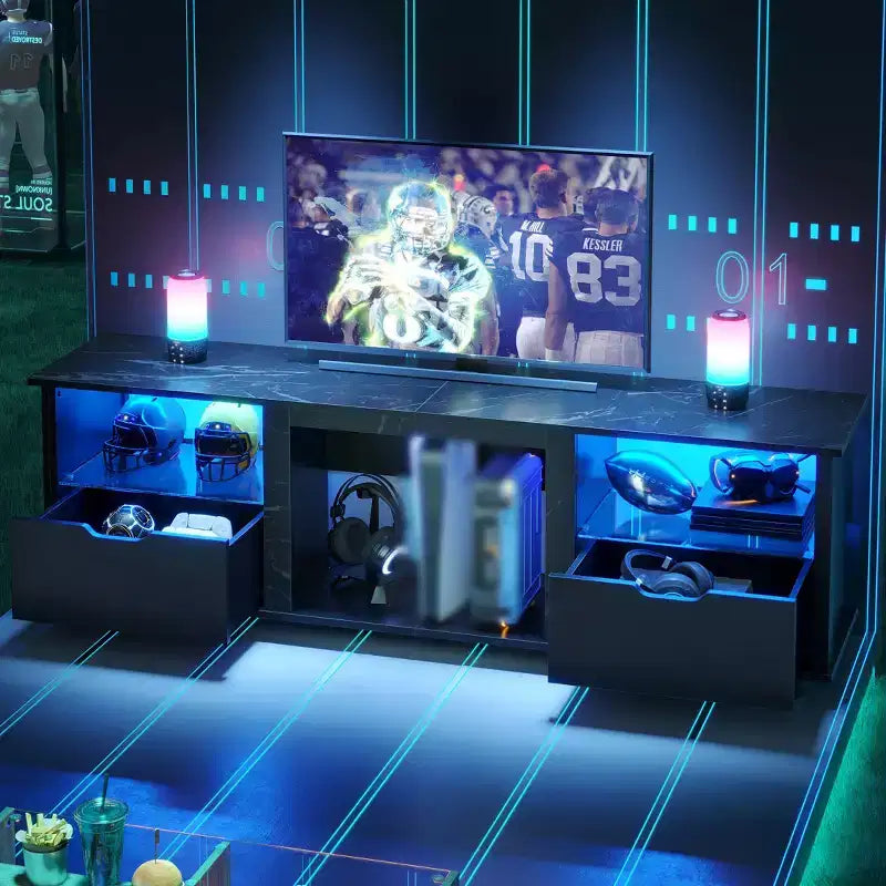 Mobile TV da 70 pollici con luci a LED, centro di intrattenimento per TV fino a 75 pollici, mobile consolle TV con cassetti e ripiani regolabili