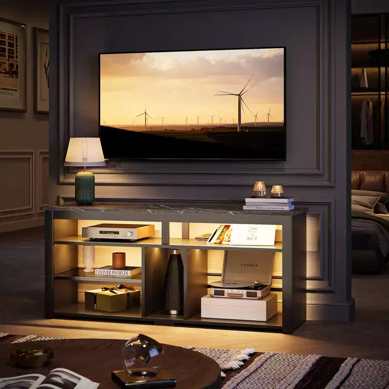 Mobile TV alto, Centro di intrattenimento a LED da 55 per TV fino a 65 pollici, Console TV da gaming con contenitore per PS5, Centro multimediale con ripiani regolabili