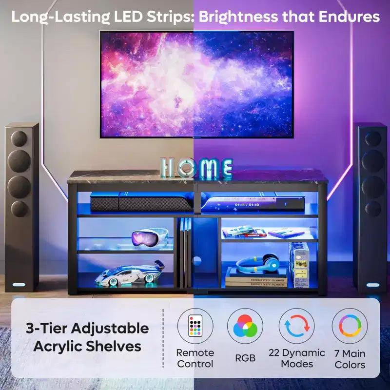 Mobile TV alto, Centro di intrattenimento a LED da 55 per TV fino a 65 pollici, Console TV da gaming con contenitore per PS5, Centro multimediale con ripiani regolabili