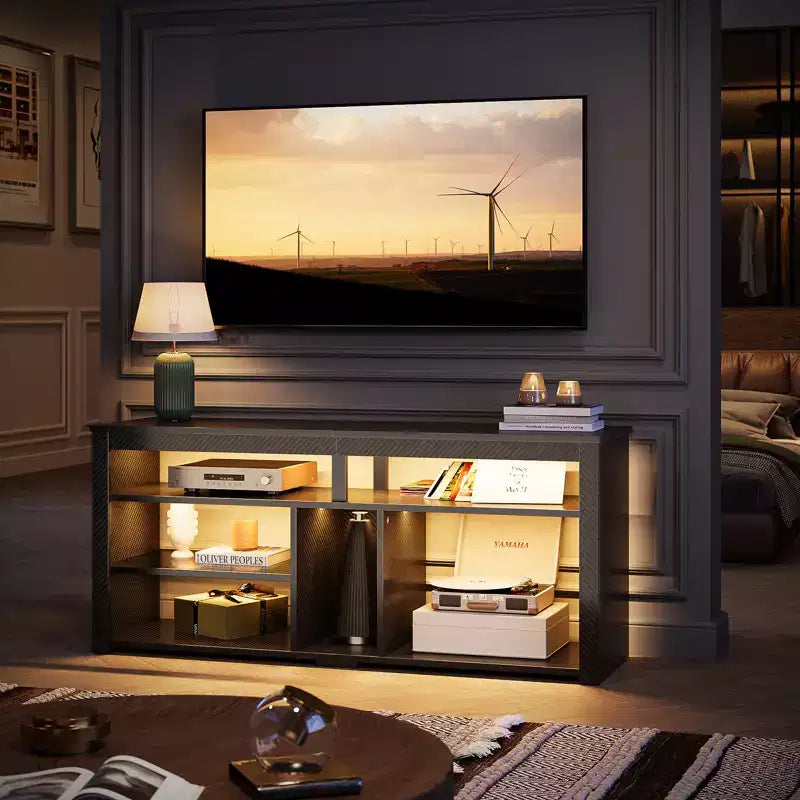 Mobile TV alto, Centro di intrattenimento a LED da 55 per TV fino a 65 pollici, Console TV da gaming con contenitore per PS5, Centro multimediale con ripiani regolabili