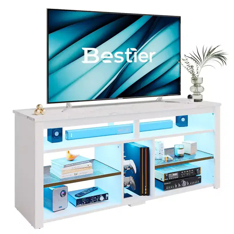 Mobile TV alto, Centro di intrattenimento a LED da 55 per TV fino a 65 pollici, Console TV da gaming con contenitore per PS5, Centro multimediale con ripiani regolabili