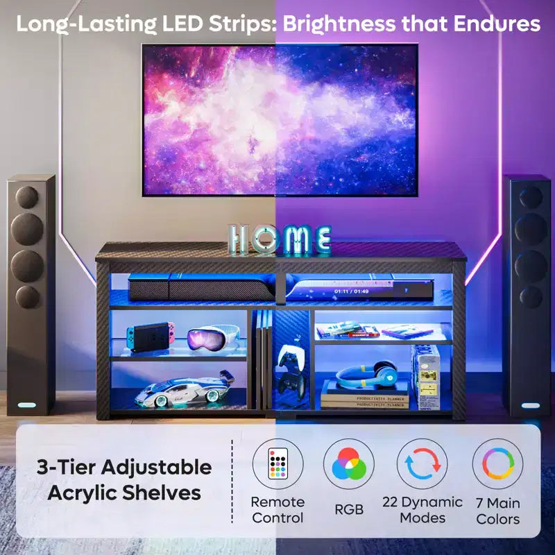 Mobile TV alto, Centro di intrattenimento a LED da 55 per TV fino a 65 pollici, Console TV da gaming con contenitore per PS5, Centro multimediale con ripiani regolabili