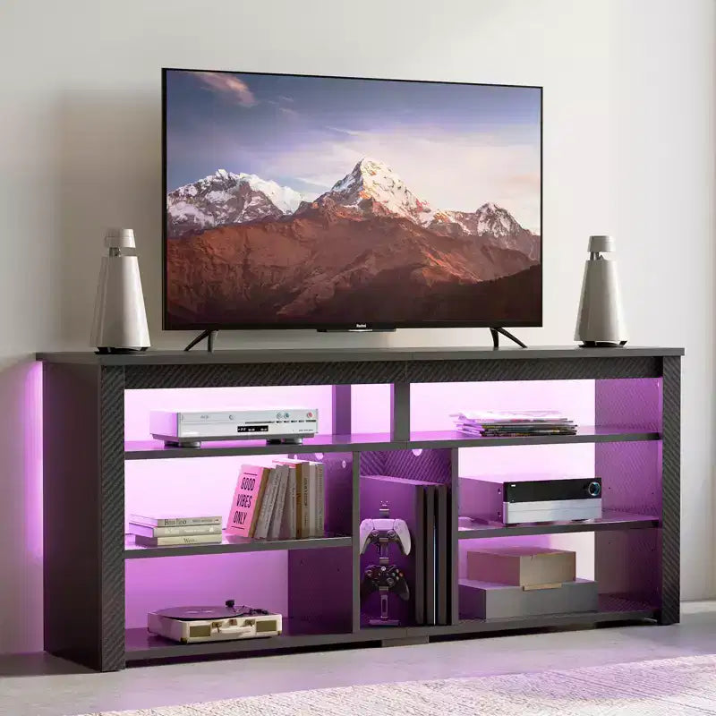 Mobile TV alto, Centro di intrattenimento a LED da 55 per TV fino a 65 pollici, Console TV da gaming con contenitore per PS5, Centro multimediale con ripiani regolabili
