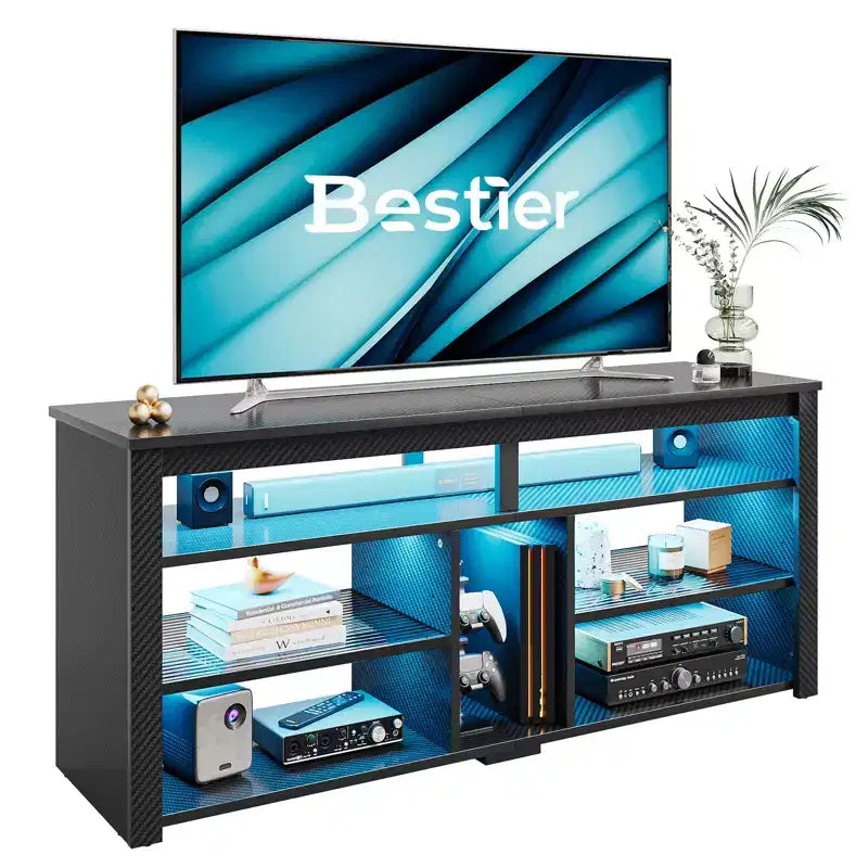 Mobile TV alto, Centro di intrattenimento a LED da 55 per TV fino a 65 pollici, Console TV da gaming con contenitore per PS5, Centro multimediale con ripiani regolabili