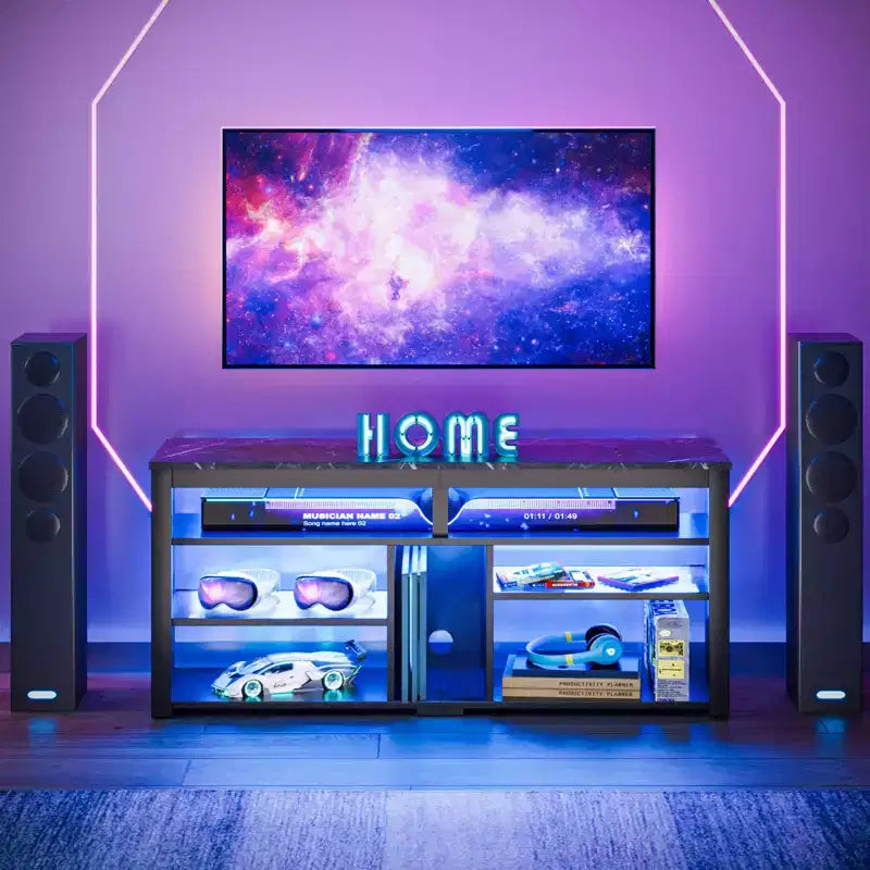 Mobile TV alto, Centro di intrattenimento a LED da 55 per TV fino a 65 pollici, Console TV da gaming con contenitore per PS5, Centro multimediale con ripiani regolabili