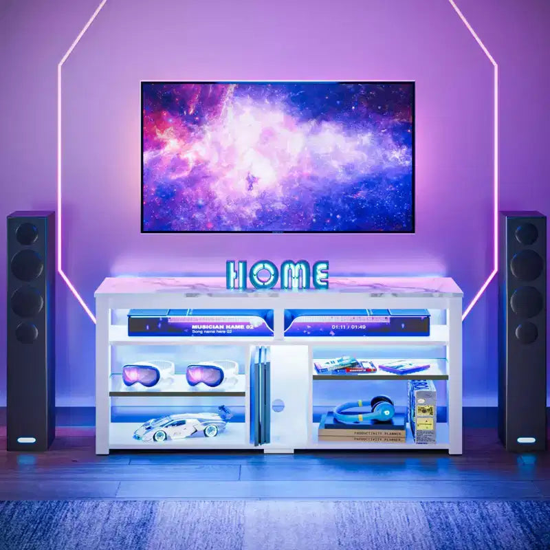 Mobile TV alto, Centro di intrattenimento a LED da 55 per TV fino a 65 pollici, Console TV da gaming con contenitore per PS5, Centro multimediale con ripiani regolabili