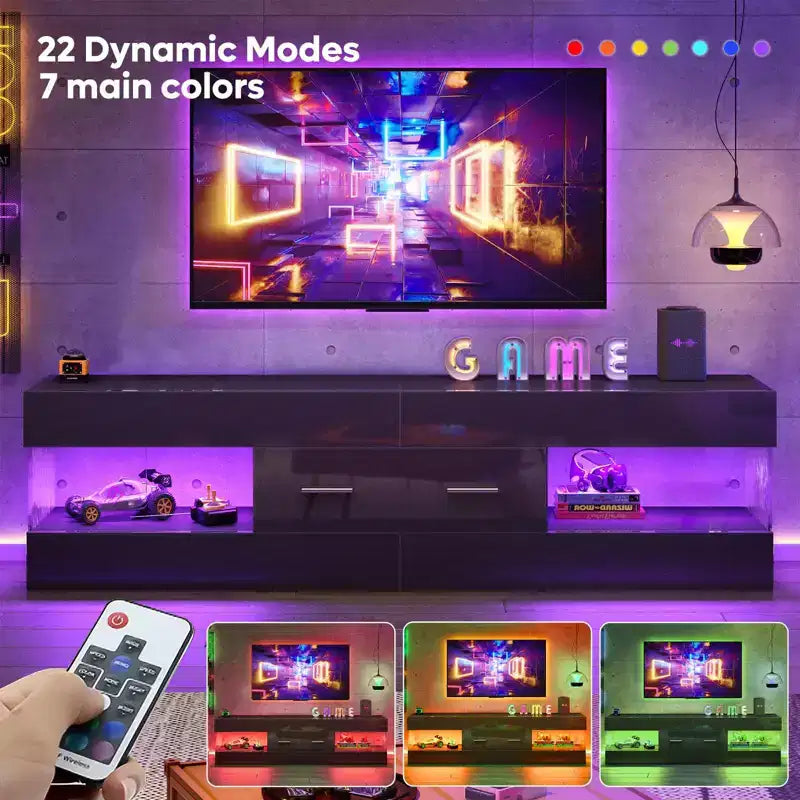 Mobile TV Nero Lucido per TV fino a 65 pollici, Centro Intrattenimento a LED, Moderno Mobile TV con Cassetti Contenitore