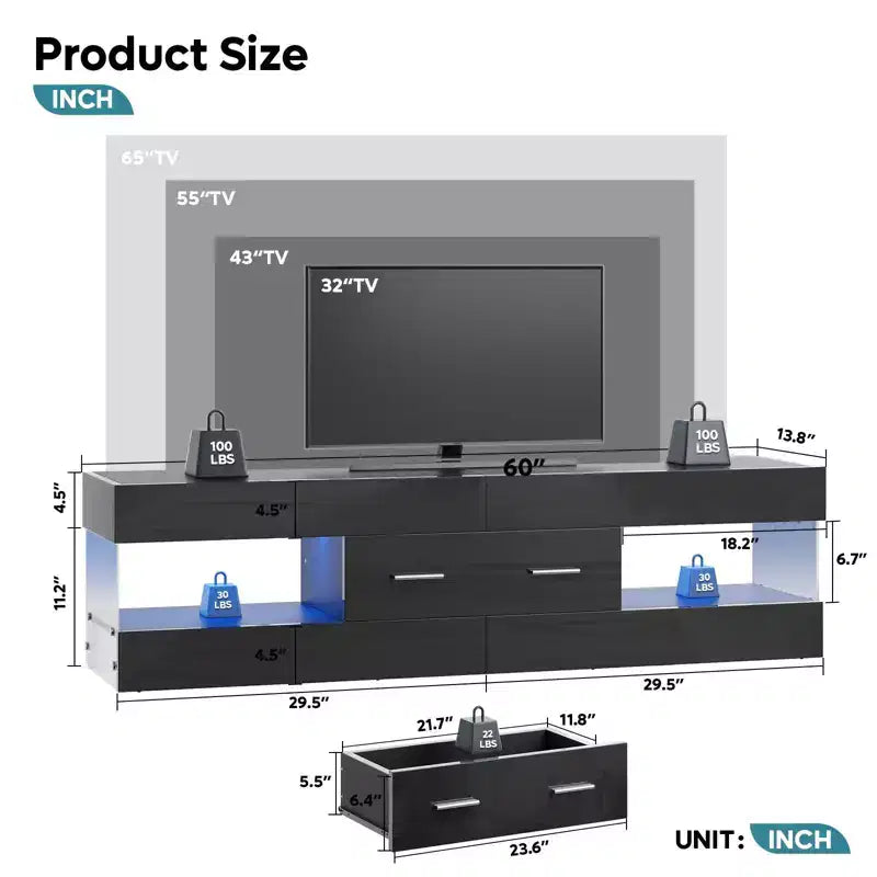 Mobile TV Nero Lucido per TV fino a 65 pollici, Centro Intrattenimento a LED, Moderno Mobile TV con Cassetti Contenitore
