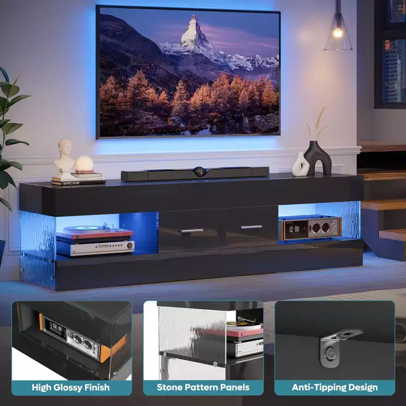 Mobile TV Nero Lucido per TV fino a 65 pollici, Centro Intrattenimento a LED, Moderno Mobile TV con Cassetti Contenitore