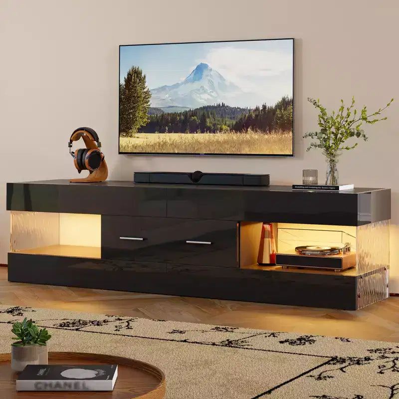 Mobile TV Nero Lucido per TV fino a 65 pollici, Centro Intrattenimento a LED, Moderno Mobile TV con Cassetti Contenitore