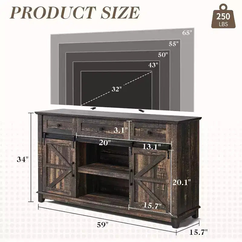 Mobile porta TV rustico a credenza con anta scorrevole e cassetto, 150 cm, per TV fino a 65 pollici