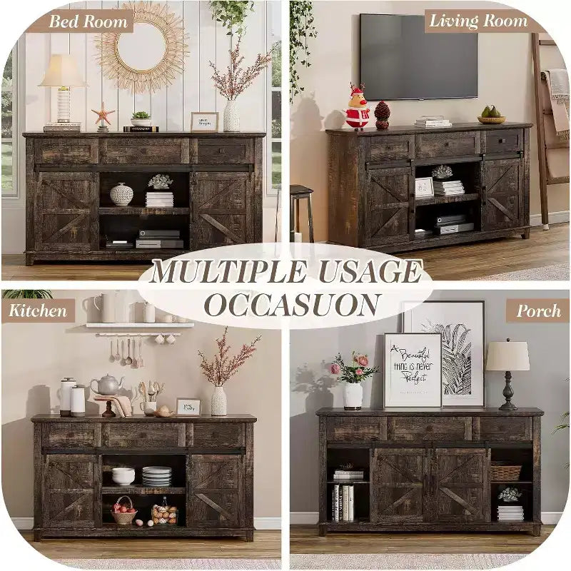 Mobile porta TV rustico a credenza con anta scorrevole e cassetto, 150 cm, per TV fino a 65 pollici