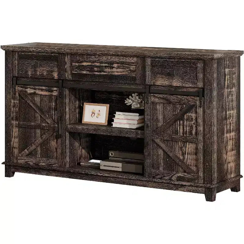Mobile porta TV rustico a credenza con anta scorrevole e cassetto, 150 cm, per TV fino a 65 pollici