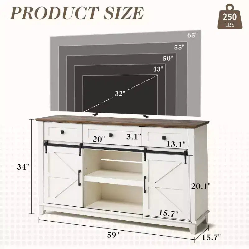 Mobile porta TV rustico a credenza con anta scorrevole e cassetto, 150 cm, per TV fino a 65 pollici