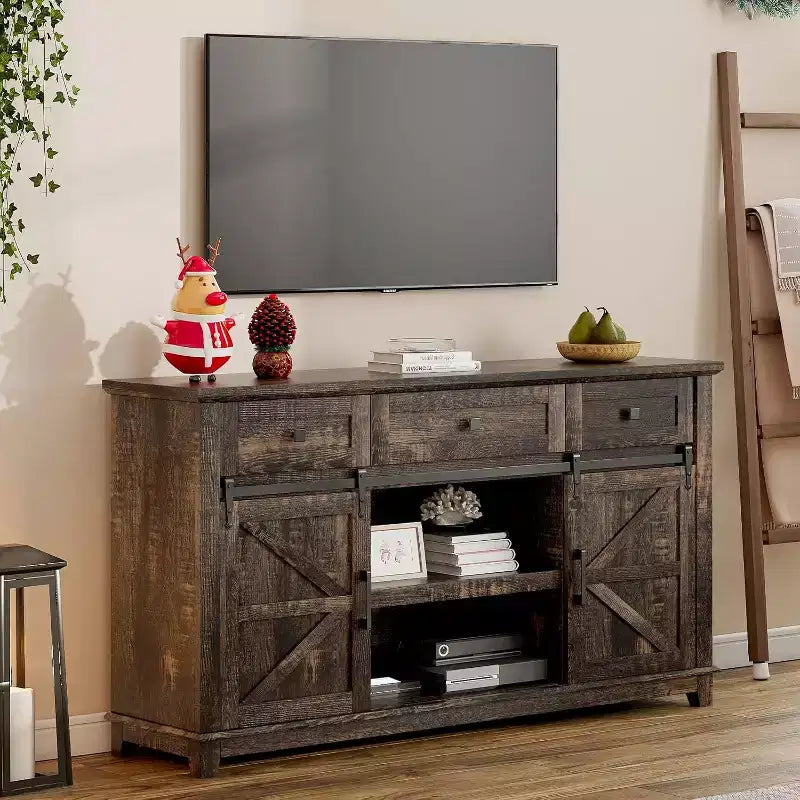 AMERLIFE Farmhouse TV Stand with Sliding Barn Door & Drawer, 59 Rustic Entertainment Center for TVs up to 65