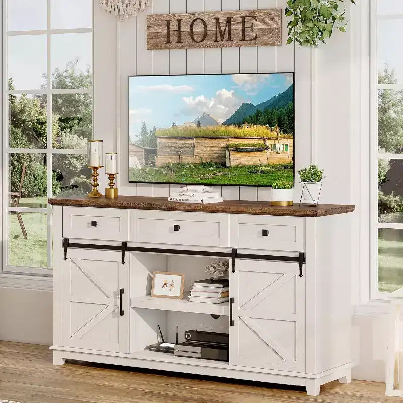Mobile porta TV rustico a credenza con anta scorrevole e cassetto, 150 cm, per TV fino a 65 pollici