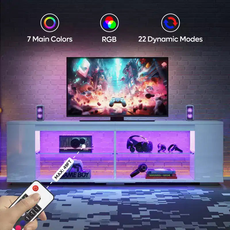 Mobile TV da 70 pollici lucido per TV fino a 80 pollici con LED e ripiani laterali regolabili, centro di intrattenimento
