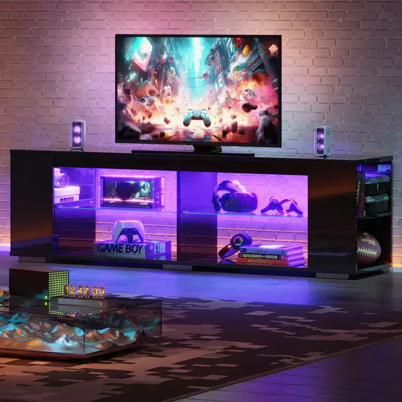 PINMOCO 70 inch High Glossy TV Stand for TVs up to 80 inch with LED and Adjust Side Shelves Entertainment Center