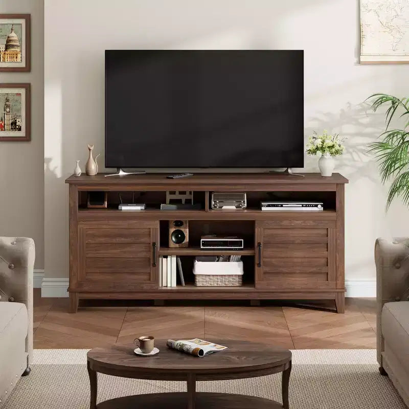 65 TV Stand Entertainment Center with Adjustable Shelves & 8 Storage Compartments, Semi-Open Double Door Cabinet for Living Room, Bedroom